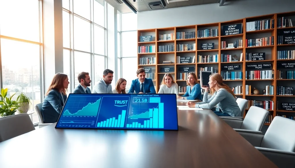 Business professionals collaborating in a modern office with digital displays and bright lighting.
