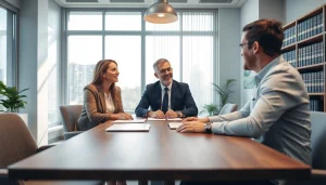 Consultation at https://www.pwdlawfirm.com with a personal injury lawyer and a client in a modern office.