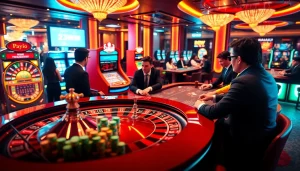 Engaging players at the luxurious casino highlighting promotions from https://23win.hiphop/ with vibrant roulette and slot machines.