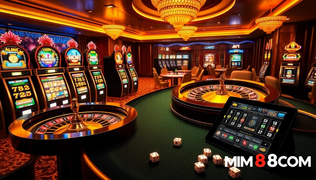 Experience the thrill of MM88COM with vibrant casino visuals showcasing roulette, slots, and poker action.