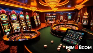Experience the thrill of MM88COM with vibrant casino visuals showcasing roulette, slots, and poker action.