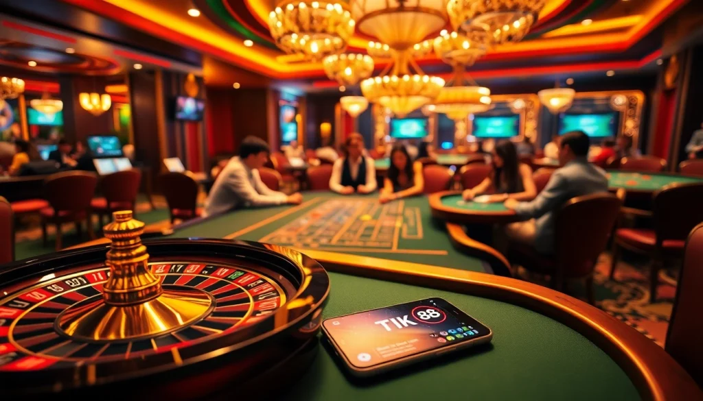Trải nghiệm cảm giác chiến thắng tại tik 88 trong một casino sang trọng với chip poker và bàn roulette.