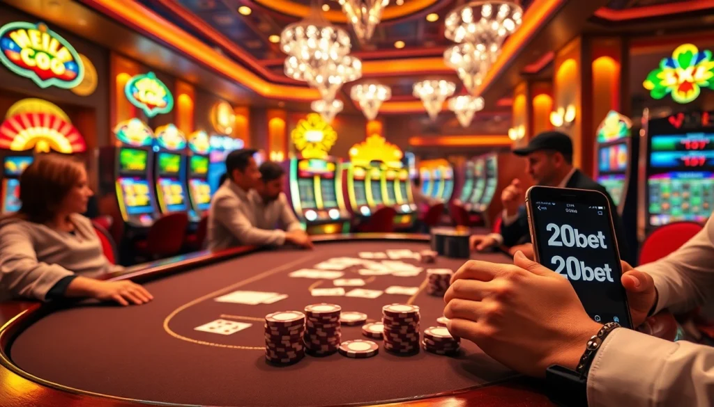 Players engaging in high-stakes betting at a luxurious 20bet poker table with vibrant slot machines.