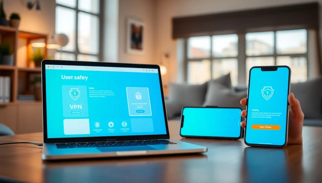 快连VPN interface displayed on a laptop and mobile device, showcasing user-friendly design and digital security.