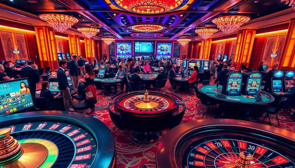 Engaging JILI casino scene filled with vibrant slot machines and excited players at poker tables.