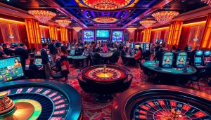 Engaging JILI casino scene filled with vibrant slot machines and excited players at poker tables.