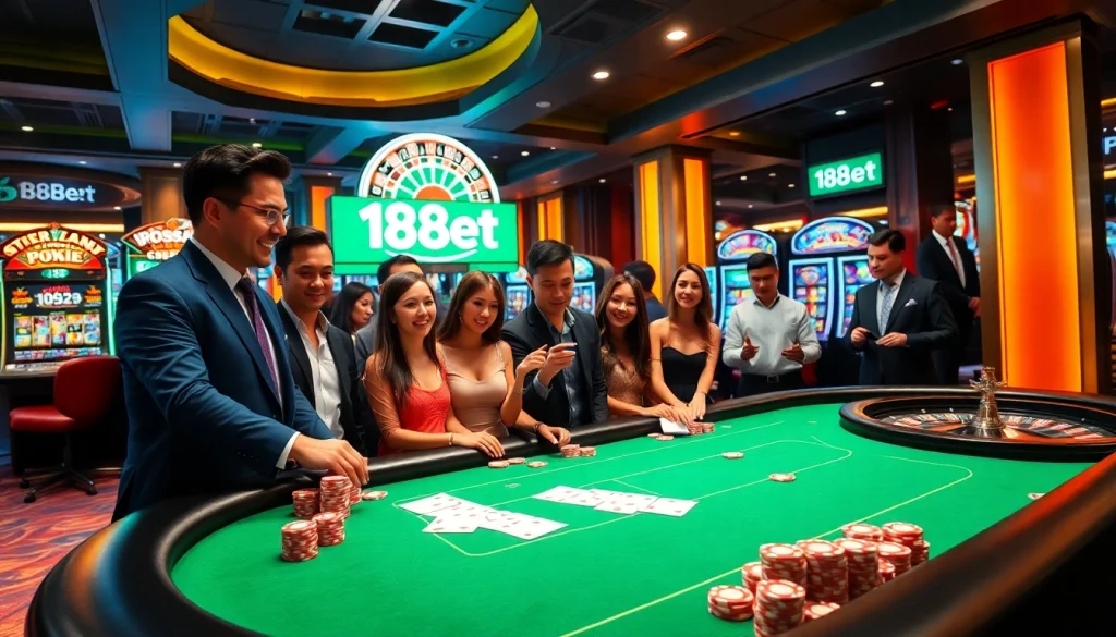 Engaged gamblers enjoying the thrilling atmosphere of 188bet's luxurious casino experience.