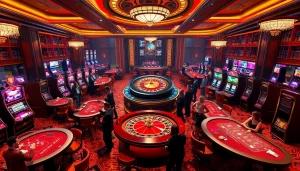 Experience the thrill of five88 in a luxurious casino environment with vibrant games and eager players.