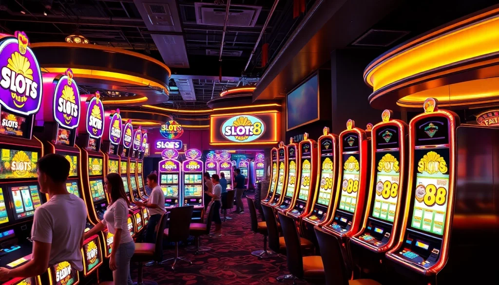 Players enjoying the vibrant SLOTS8 slot machines in a luxurious casino setting.