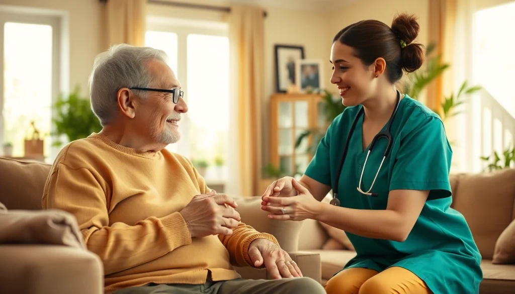 Engaged caregiver providing in home care austin tx in a warm, inviting living room.