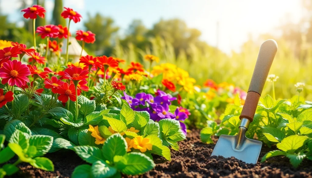 Gardening scene showcasing vibrant plants and tools, promoting gardening exploration.