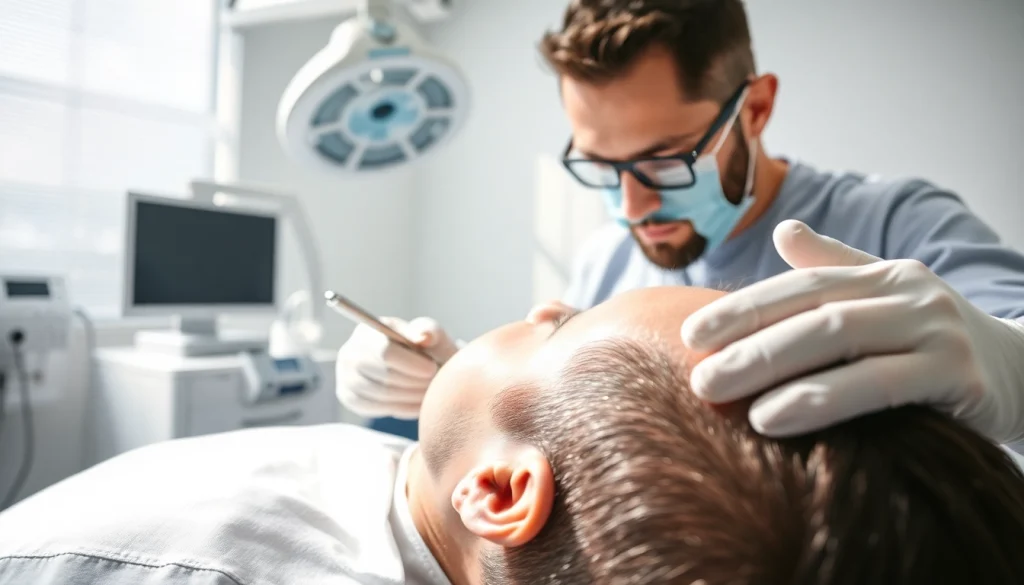 Performing a hair transplant turkey procedure showcasing expert techniques in a modern clinic.