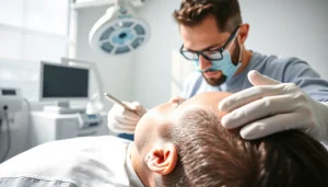 Performing a hair transplant turkey procedure showcasing expert techniques in a modern clinic.