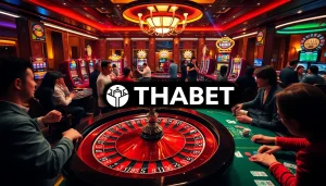 Players engaging in thrilling games at THABET casino, featuring roulette, poker, and vibrant slot machines.