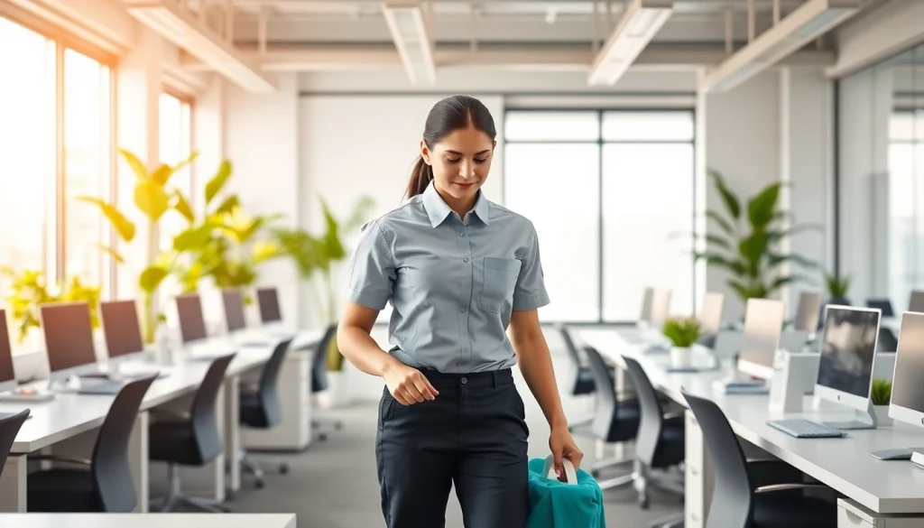 Enhance your workspace with Office Cleaning Services Dubai featuring a professional cleaner maintaining a spotless office.