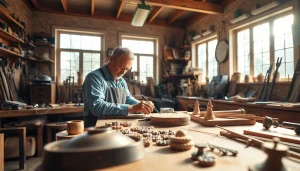 Artisan au travail pour trouver artisan et créer des pièces uniques dans un atelier lumineux.