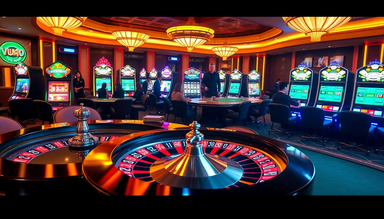 Experience thrilling gameplay at Vua99 casino with a vibrant poker table and roulette wheel.