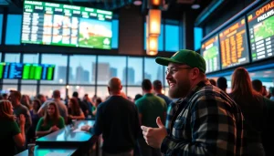 People engaging in Oklahoma sports betting at a vibrant sportsbook, showcasing excitement and interaction.
