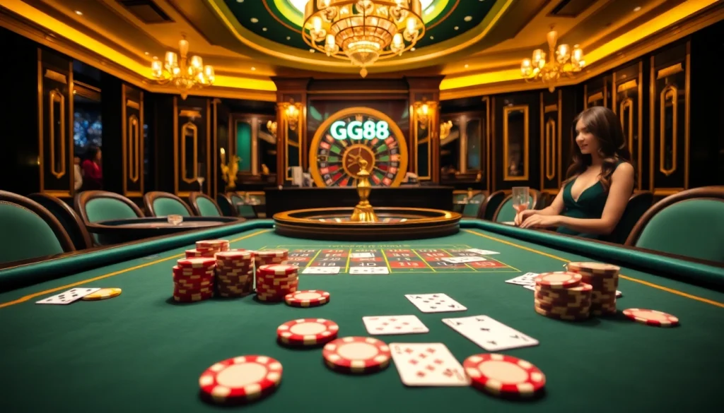 Intense GG88 casino action featuring poker chips and a roulette wheel in a luxurious setting.