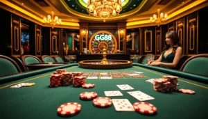 Intense GG88 casino action featuring poker chips and a roulette wheel in a luxurious setting.
