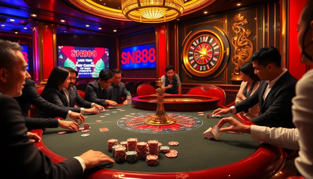 Players engaged at a vibrant SN888 casino table, showcasing excitement and strategy in action.