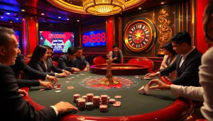 Players engaged at a vibrant SN888 casino table, showcasing excitement and strategy in action.