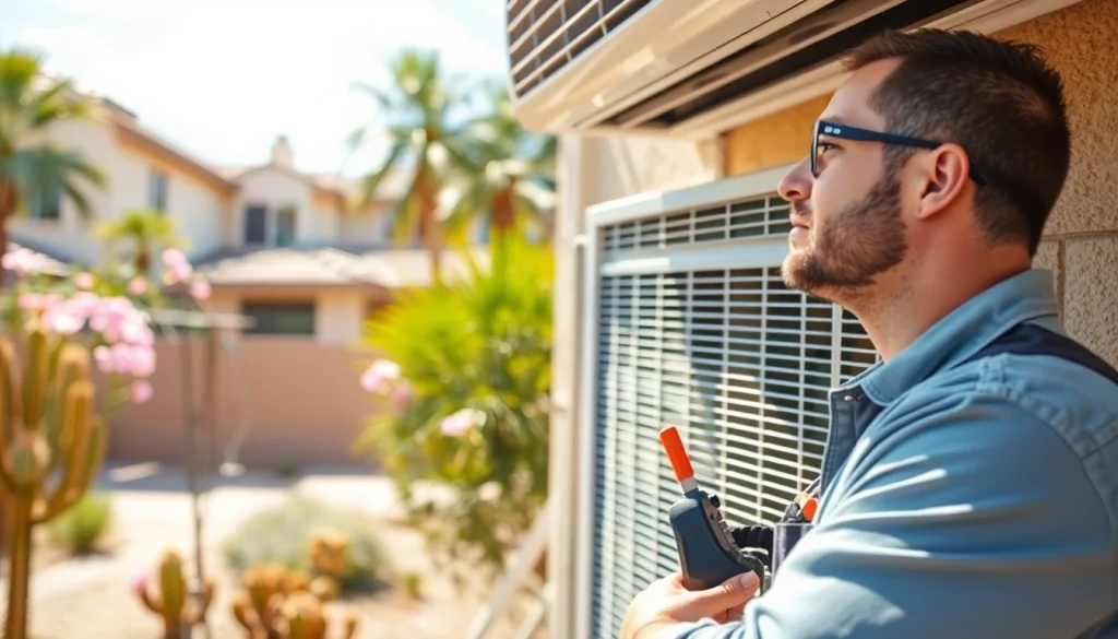 Inspecting Scottsdale AC unit by a professional technician in a sunny neighborhood.