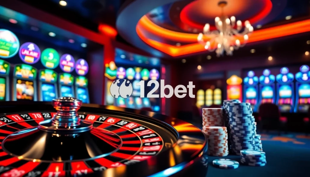 Experience the excitement of 12bet with vibrant casino visuals featuring roulette and slot machines.