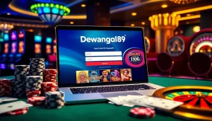 Dewanaga89 login interface highlighted among poker chips and slot machines, showcasing an exciting casino experience.