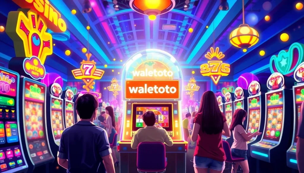 Penggemar walettoto menikmati permainan mesin slot di suasana kasino yang meriah