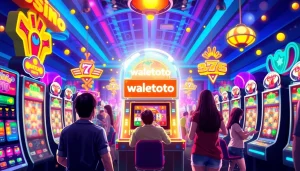 Penggemar walettoto menikmati permainan mesin slot di suasana kasino yang meriah