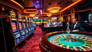 Exciting gambling scene with L444 branding featuring vibrant slot machines and poker tables.