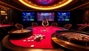 Vua99 players engaged in an exciting game at a vibrant casino table illuminated by golden lights.