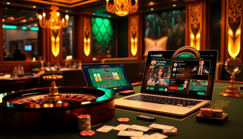 Experience the thrill of Nhà Cái mm88 with a vibrant casino scene featuring poker chips and roulette wheel.