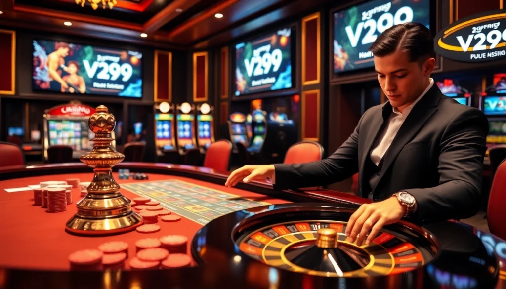 Vua99 casino enthusiast engaging in a thrilling game at an elegant table with cards and chips.