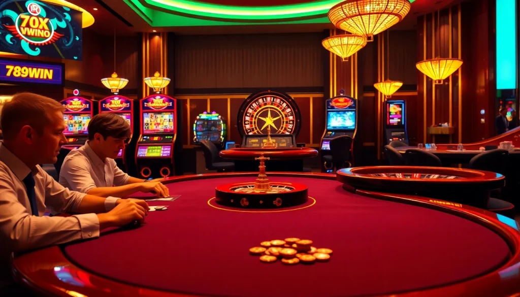 Exciting gambling scene highlighting 789win with poker tables, roulette, and vibrant slot machines.