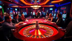 Players enjoy the thrill of high-stakes gambling at LC88 casino tables with vibrant cards and chips.