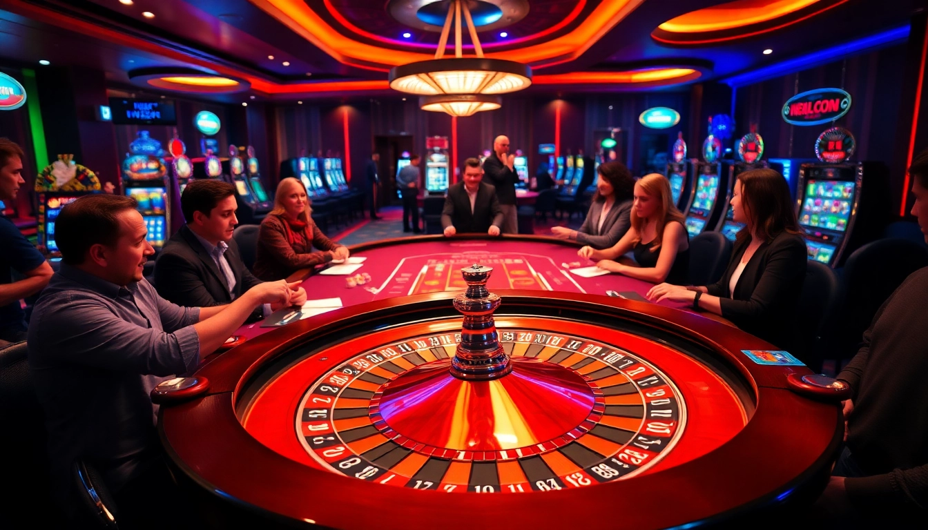Players enjoy the thrill of high-stakes gambling at LC88 casino tables with vibrant cards and chips.