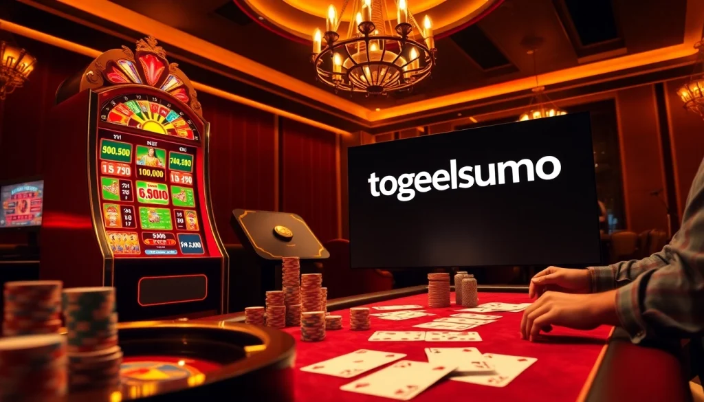 Adegan kasino Togelsumo yang hidup dengan pemain yang antusias di mesin slot dan meja roulette.