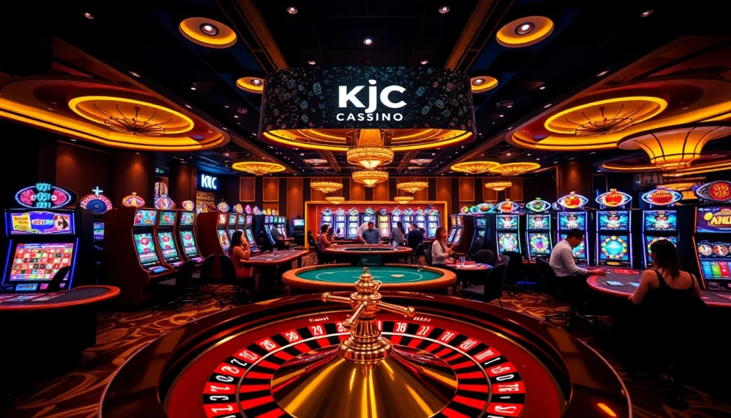 Players enjoying games at KJC's luxurious casino, featuring roulette and slot machines.