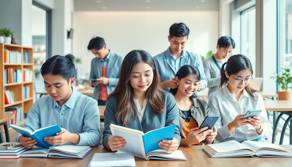 Youdao dictionary (有道词典) in use by diverse individuals in a vibrant learning environment.