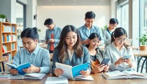 Youdao dictionary (有道词典) in use by diverse individuals in a vibrant learning environment.