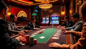 Engaging high-stakes poker scene featuring AF88 chips, professional players, and vibrant casino atmosphere.
