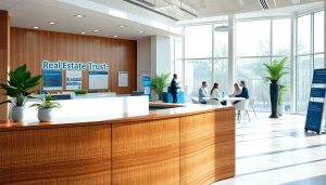 Real Estate office showcasing professionals assisting clients in a bright, inviting environment.