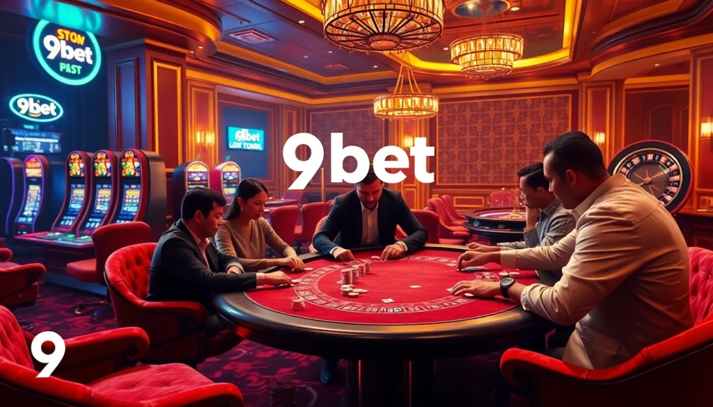 Engaged gamblers at a luxurious casino table highlighting 9bet's thrilling gaming experience.