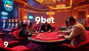 Engaged gamblers at a luxurious casino table highlighting 9bet's thrilling gaming experience.