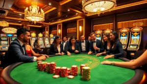 Exciting casino scene with players enjoying blackjack and gaming elements from https://xx88.ai/.