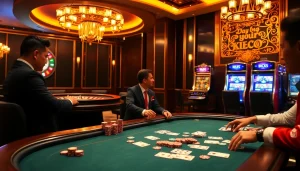 Players strategizing at a king88 poker table, showcasing thrill and elegance in gambling.
