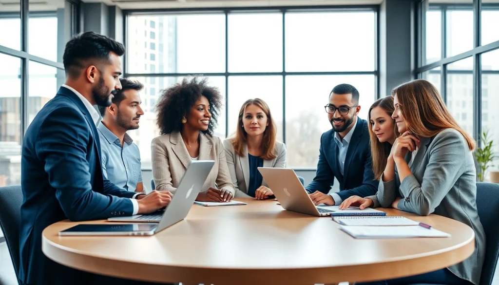 Business professionals collaborating during a meeting in a modern office space.