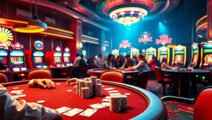 KJC casino scene with poker games, roulette wheel, and lively atmosphere highlighting excitement.